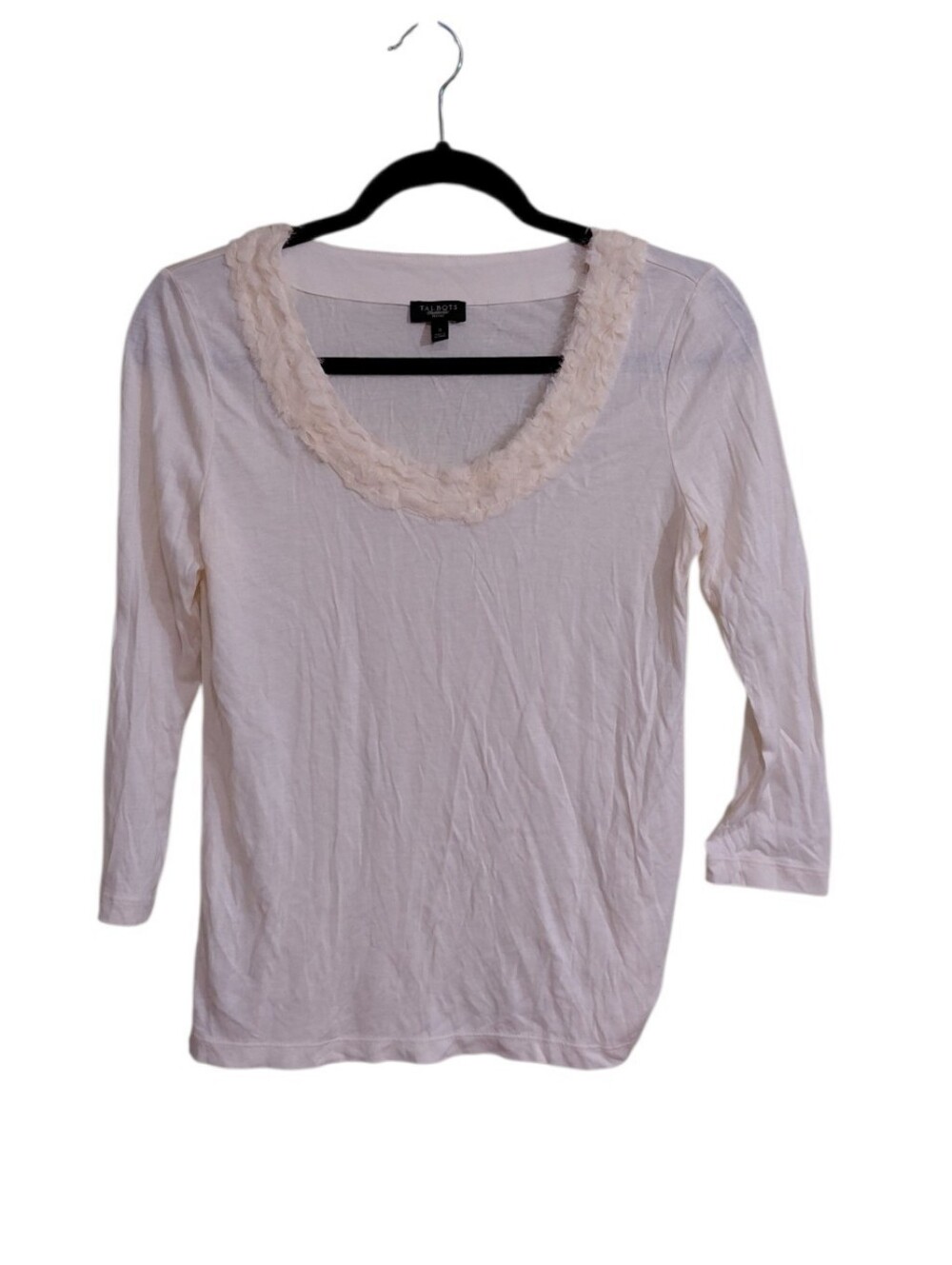 Talbots Cream Scoop Neck Long Sleeve Top with Ruffle Trim